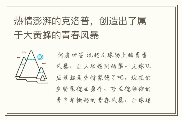 热情澎湃的克洛普,创造出了属于大黄蜂的青春风暴