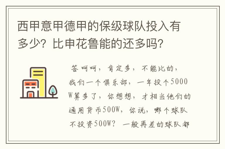 西甲意甲德甲的保级球队投入有多少?比申花鲁能的还多吗?