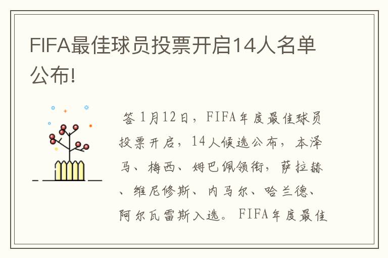 FIFA最佳球员投票开启14人名单公布!