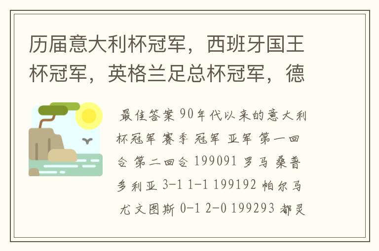 历届意大利杯冠军，西班牙国王杯冠军，英格兰足总杯冠军，德国杯冠军