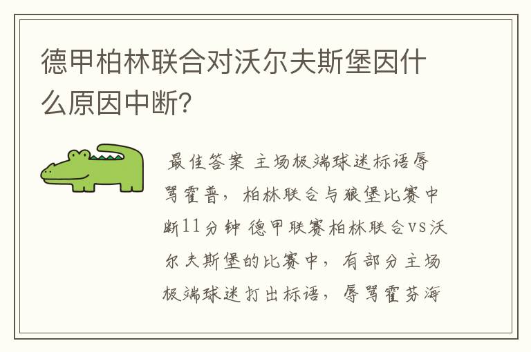德甲柏林联合对沃尔夫斯堡因什么原因中断?