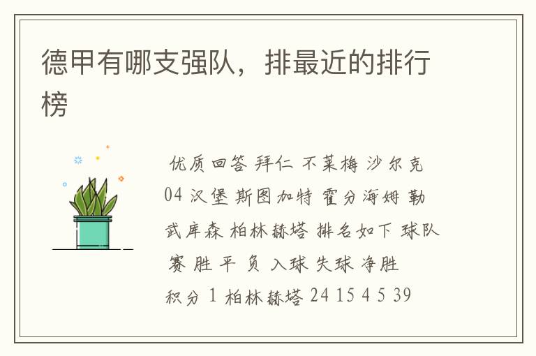 德甲有哪支强队,排最近的排行榜