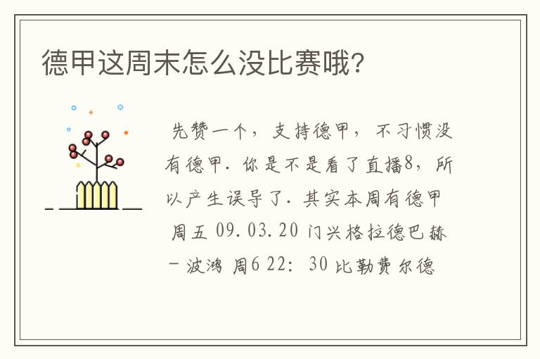 德甲这周末怎么没比赛哦?