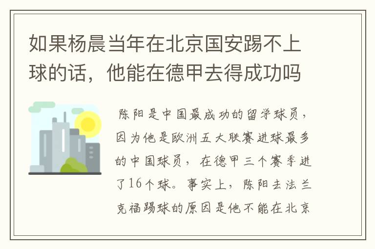 如果杨晨当年在北京国安踢不上球的话,他能在德甲去得成功吗?