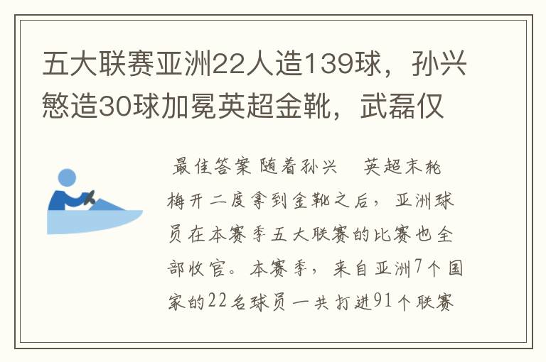 五大联赛亚洲22人造139球,孙兴慜造30球加冕英超金靴,武磊仅1球