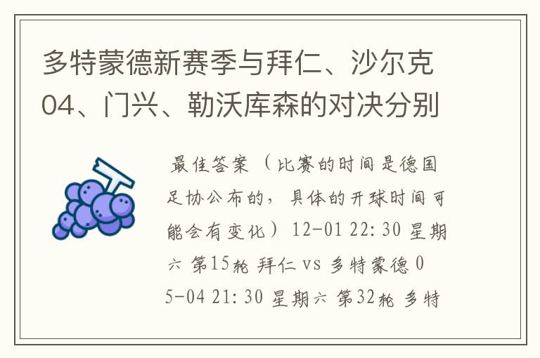 多特蒙德新赛季与拜仁、沙尔克04、门兴、勒沃库森的对决分别是哪几轮,时间?