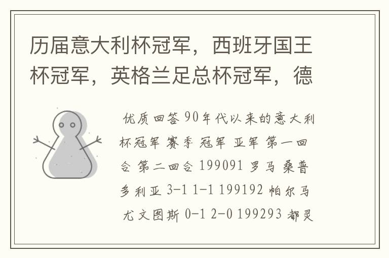 历届意大利杯冠军,西班牙国王杯冠军,英格兰足总杯冠军,德国杯冠军