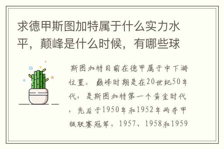 求德甲斯图加特属于什么实力水平,颠峰是什么时候,有哪些球星和走出有哪些球星