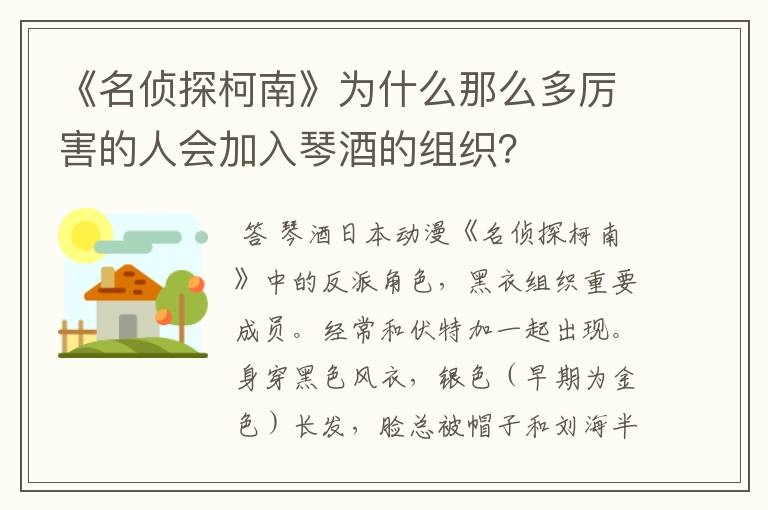 《名侦探柯南》为什么那么多厉害的人会加入琴酒的组织?