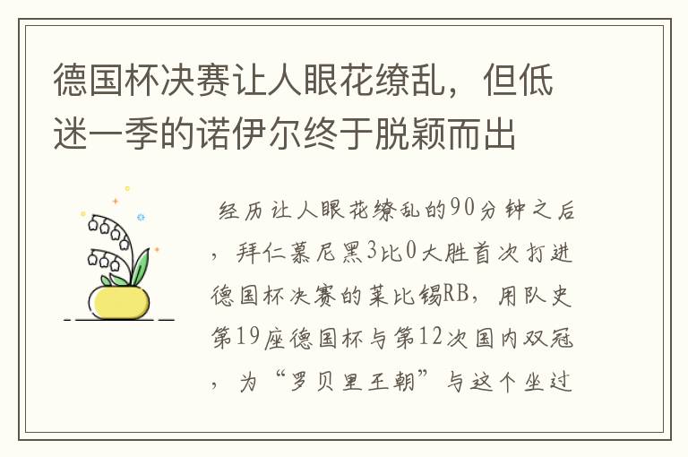 德国杯决赛让人眼花缭乱,但低迷一季的诺伊尔终于脱颖而出