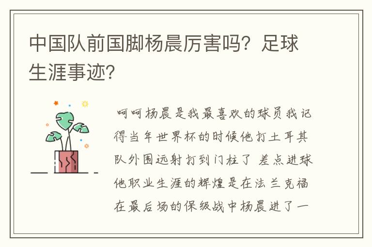 中国队前国脚杨晨厉害吗?足球生涯事迹?
