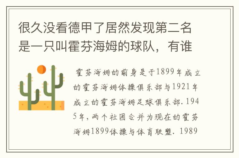 很久没看德甲了居然发现第二名是一只叫霍芬海姆的球队,有谁知道吗
