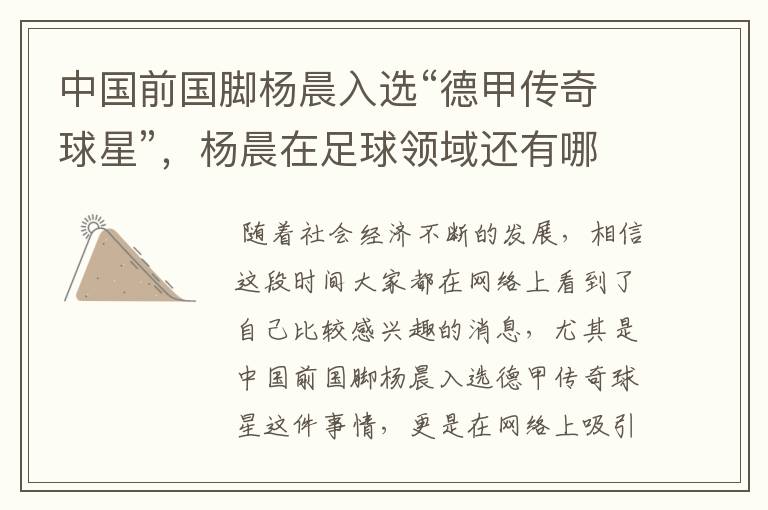 中国前国脚杨晨入选“德甲传奇球星”,杨晨在足球领域还有哪些成就?
