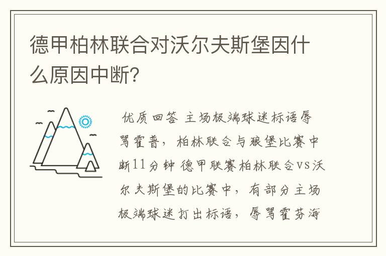 德甲柏林联合对沃尔夫斯堡因什么原因中断?