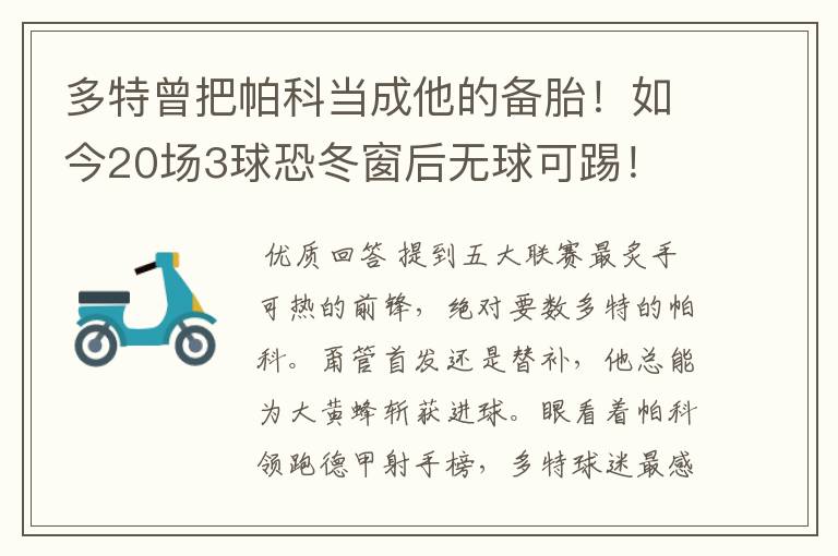 多特曾把帕科当成他的备胎!如今20场3球恐冬窗后无球可踢!