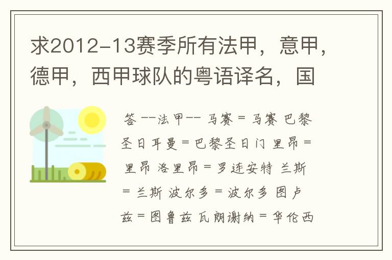 求2012-13赛季所有法甲,意甲,德甲,西甲球队的粤语译名,国粤对照。