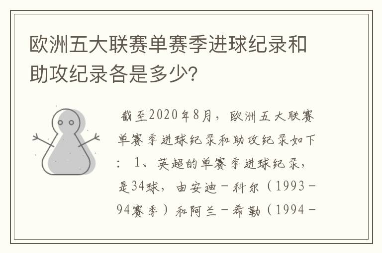 欧洲五大联赛单赛季进球纪录和助攻纪录各是多少?