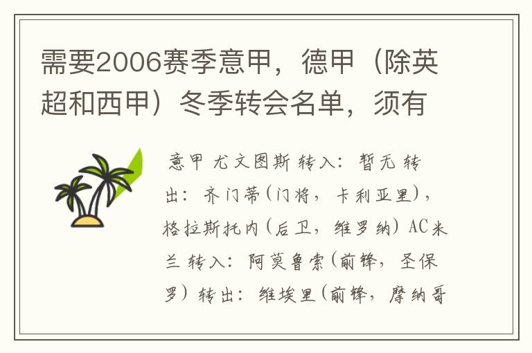 需要2006赛季意甲,德甲(除英超和西甲)冬季转会名单,须有转会方式