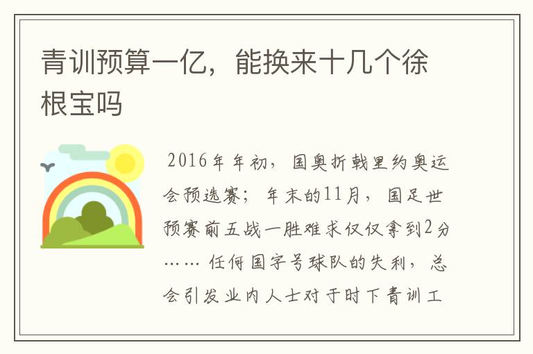 青训预算一亿,能换来十几个徐根宝吗