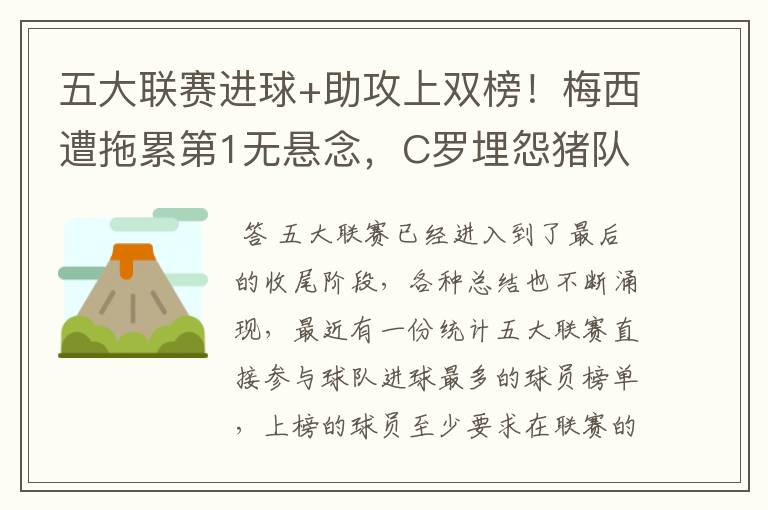 五大联赛进球+助攻上双榜!梅西遭拖累第1无悬念,C罗埋怨猪队友