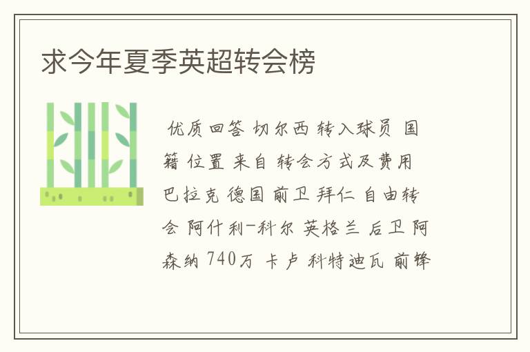 求今年夏季英超转会榜