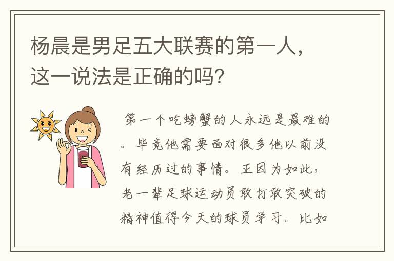 杨晨是男足五大联赛的第一人,这一说法是正确的吗?