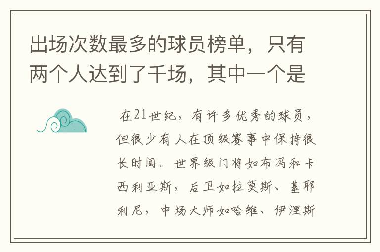 出场次数最多的球员榜单,只有两个人达到了千场,其中一个是C罗