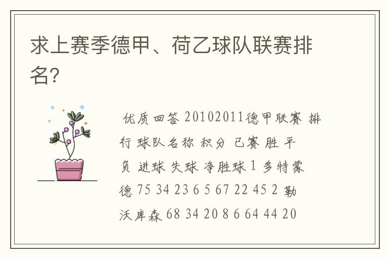 求上赛季德甲、荷乙球队联赛排名?