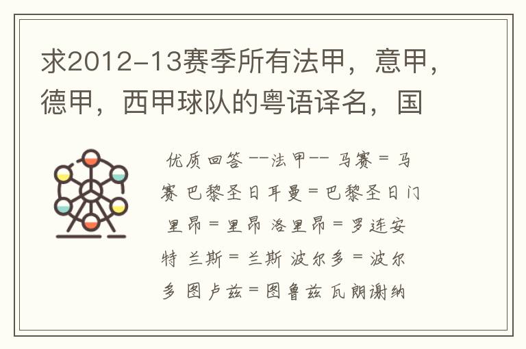求2012-13赛季所有法甲,意甲,德甲,西甲球队的粤语译名,国粤对照。