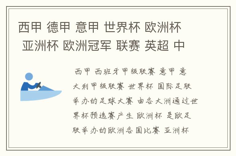西甲 德甲 意甲 世界杯 欧洲杯 亚洲杯 欧洲冠军 联赛 英超 中超 分别是什么意思啊?