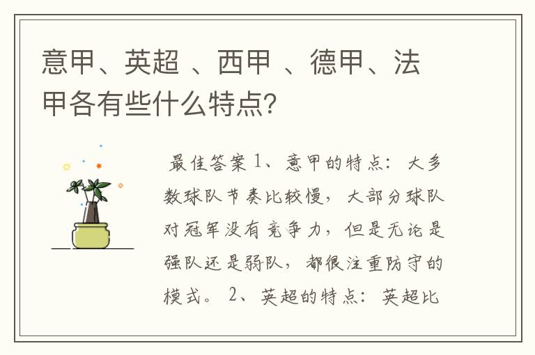 意甲、英超 、西甲 、德甲、法甲各有些什么特点?