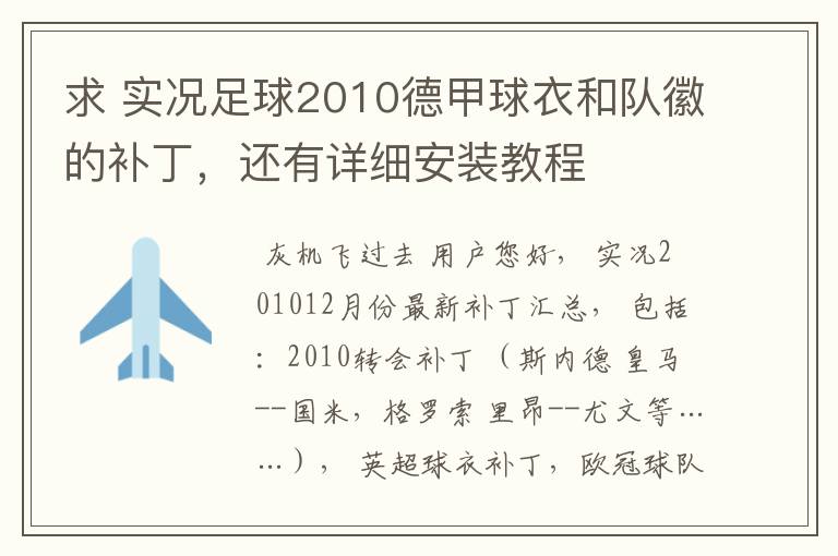 求 实况足球2010德甲球衣和队徽的补丁,还有详细安装教程