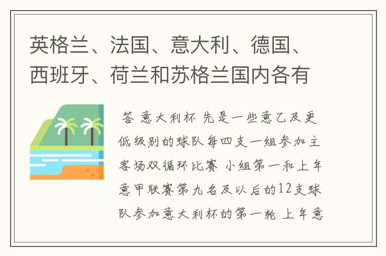 英格兰、法国、意大利、德国、西班牙、荷兰和苏格兰国内各有什么杯赛?