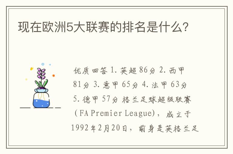 现在欧洲5大联赛的排名是什么？