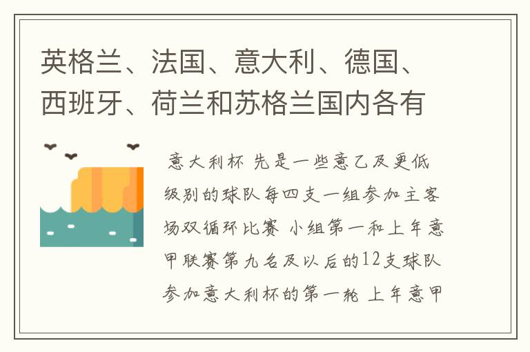 英格兰、法国、意大利、德国、西班牙、荷兰和苏格兰国内各有什么杯赛?