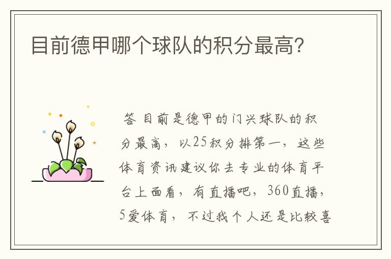 目前德甲哪个球队的积分最高?