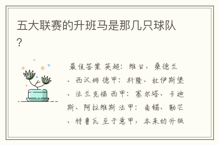 五大联赛的升班马是那几只球队?