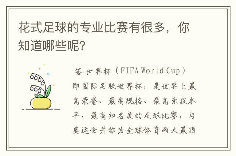 花式足球的专业比赛有很多,你知道哪些呢?