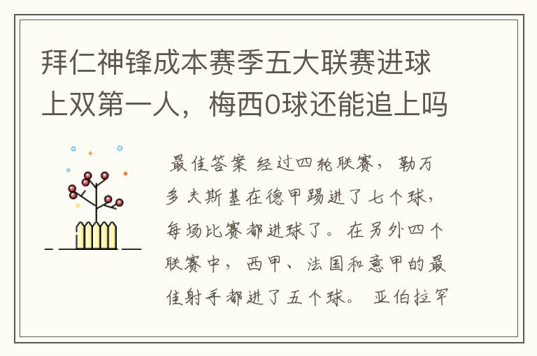 拜仁神锋成本赛季五大联赛进球上双第一人,梅西0球还能追上吗?