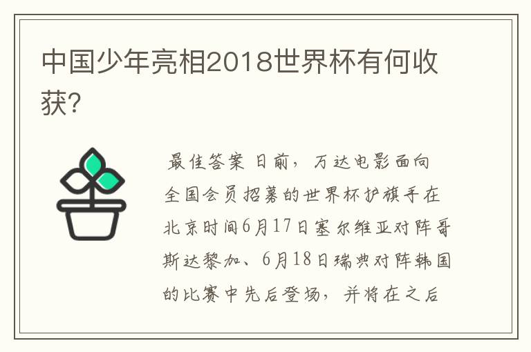 中国少年亮相2018世界杯有何收获?