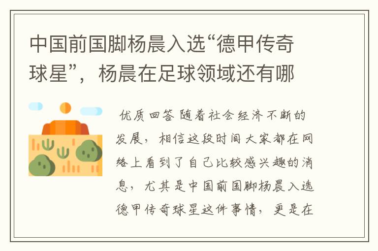 中国前国脚杨晨入选“德甲传奇球星”,杨晨在足球领域还有哪些成就?