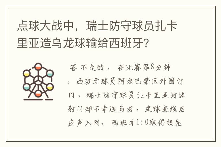 点球大战中,瑞士防守球员扎卡里亚造乌龙球输给西班牙?