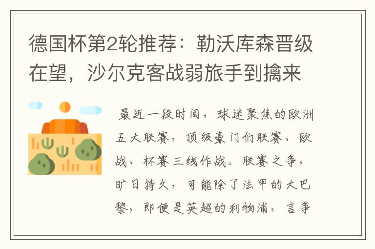德国杯第2轮推荐:勒沃库森晋级在望,沙尔克客战弱旅手到擒来