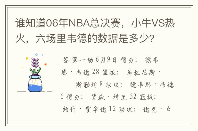 谁知道06年NBA总决赛,小牛VS热火,六场里韦德的数据是多少?