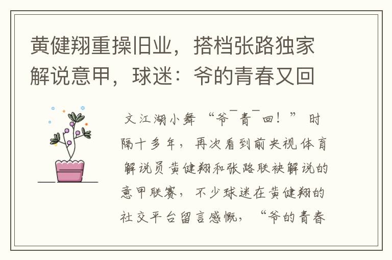 黄健翔重操旧业,搭档张路独家解说意甲,球迷:爷的青春又回来了