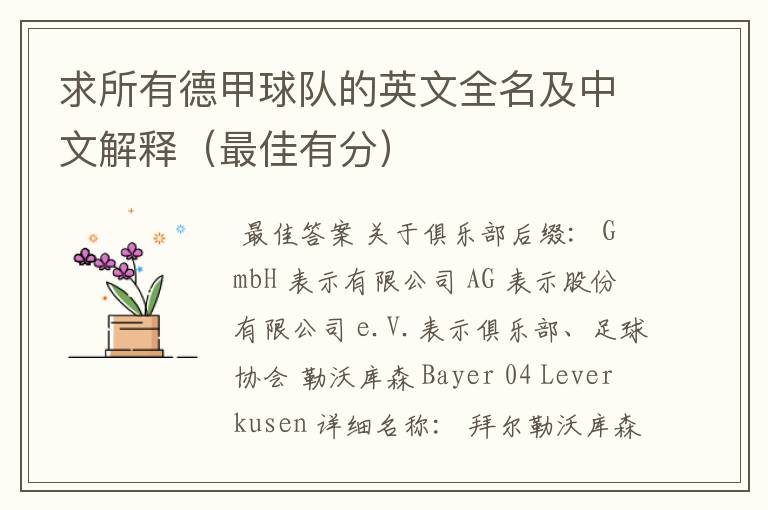 求所有德甲球队的英文全名及中文解释(最佳有分)