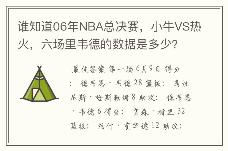 谁知道06年NBA总决赛,小牛VS热火,六场里韦德的数据是多少?