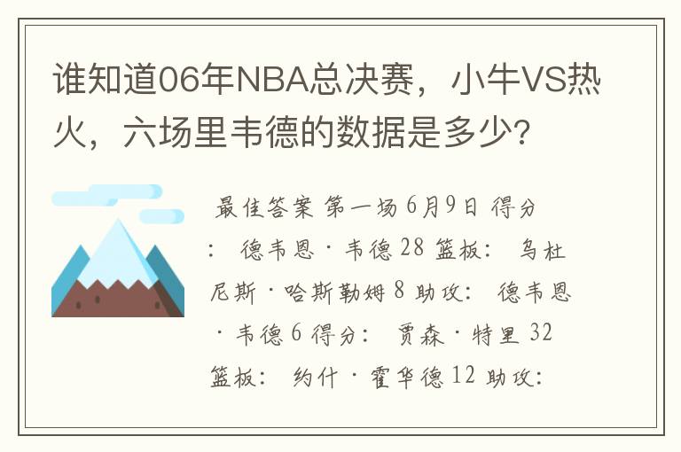 谁知道06年NBA总决赛,小牛VS热火,六场里韦德的数据是多少?