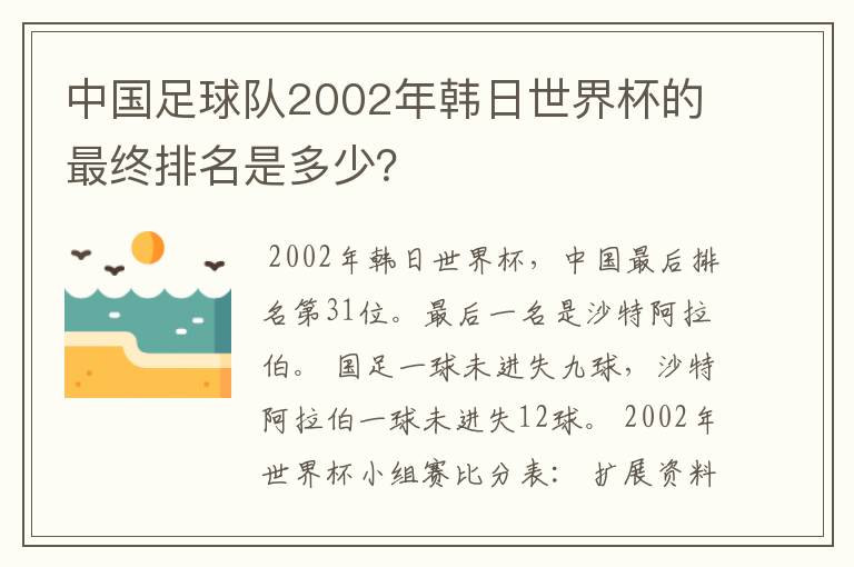 中国足球队2002年韩日世界杯的最终排名是多少?