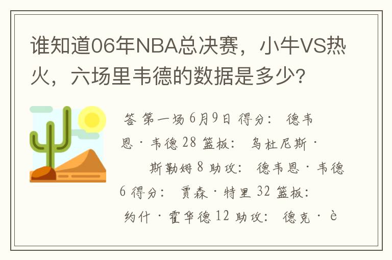 谁知道06年NBA总决赛,小牛VS热火,六场里韦德的数据是多少?